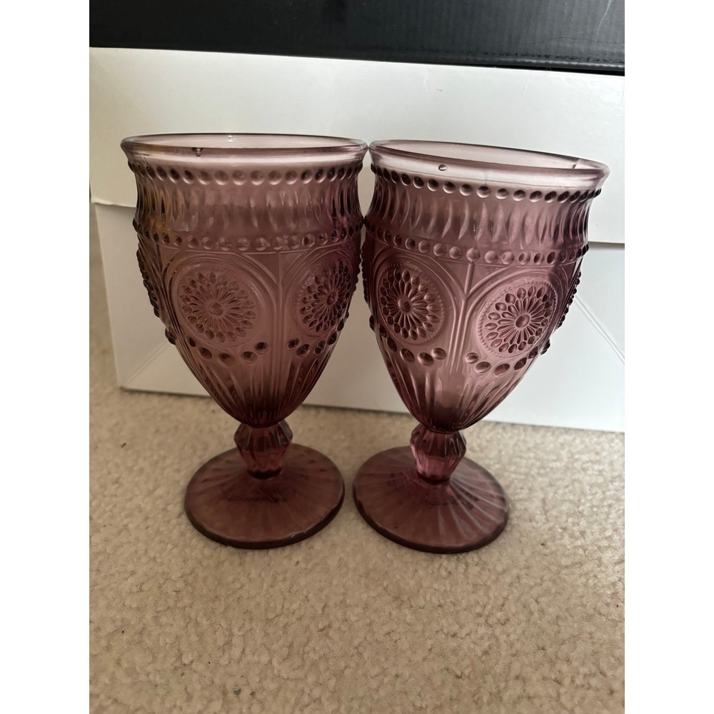 Set of 2 Pioneer Woman Adeline Purple Plum Stemmed Footed Goblet Glasses 6.5"